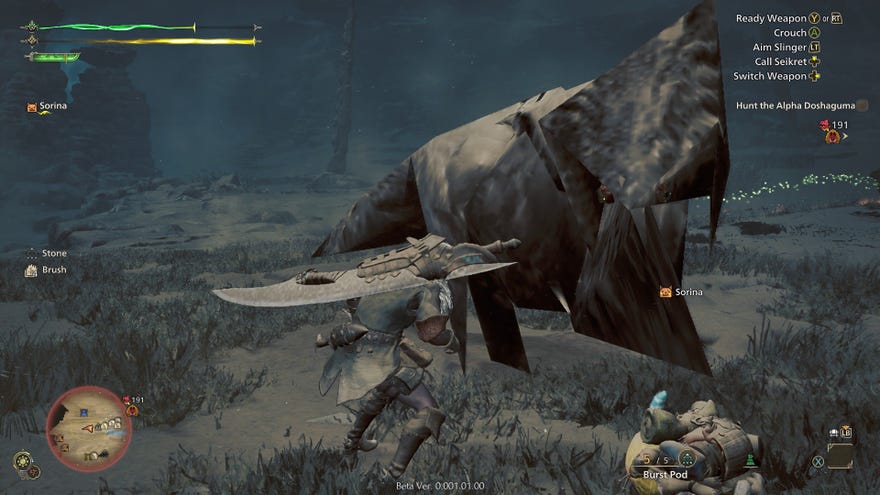 A Monster Hunter Wilds beta screenshot showing a low-poly monster that looks like a bunch of cardboard boxes