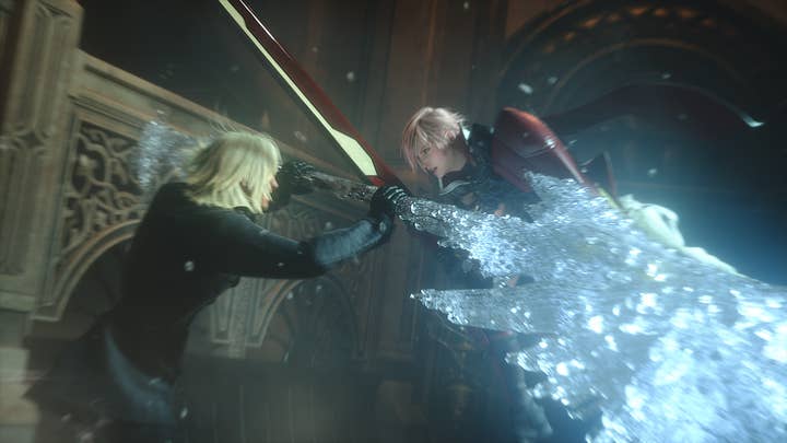 A Final Fantasy 13 Lightning Returns screen showing Lightning attacking a blonde character who is blocking Lightning's sword with an ice staff of some sort