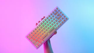 The LTC Neon75 mechanical keyboard, held by a hand on a gradient background