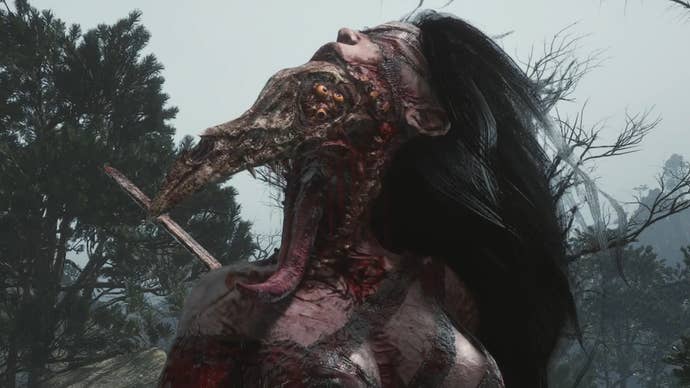 The horrific boss Lu Hongliu in Wuchang Fallen Feathers. She appears as a huge mutated female form, with a skeletal beak emerging from her mouth.