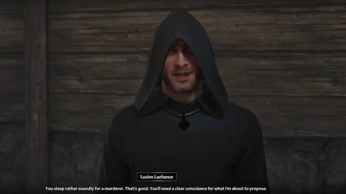 Lucien Lachance, a creepy hooded NPC member of the Dark Brotherhood in The Elder Scrolls IV: Oblivion Remastered.
