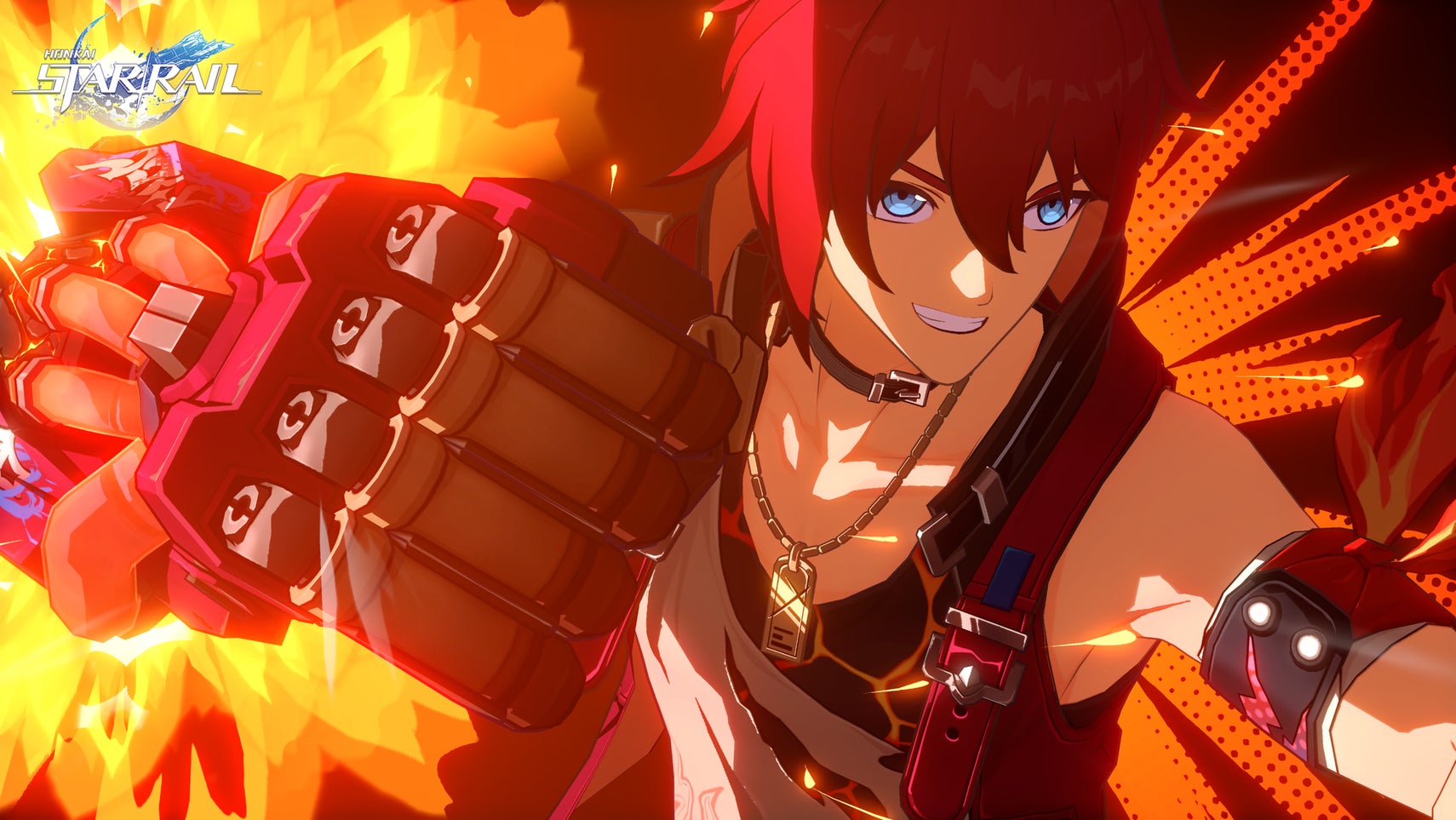 Luke, from Honkai Star Rail, stands in the middle of the screen, demonstrating an attack with firey fists. - 1