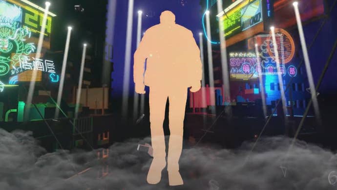 Image from the Lumines Arise trailer showing the silhouette of a man walking down a stylised city street.