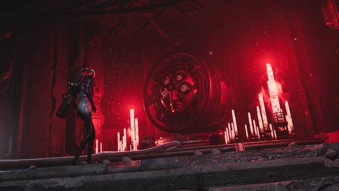 A spindly warrior approaches a metal creature with lots and lots of eyes in Luna Abyss