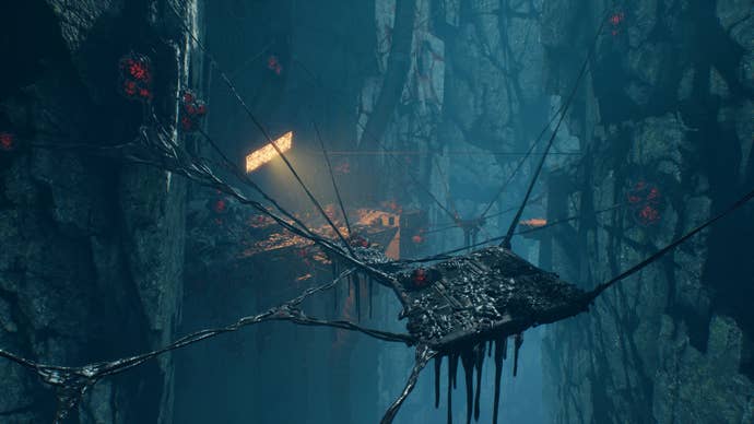 A series of platforms suspended by meaty cables in Luna Abyss