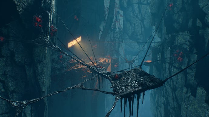 A series of platforms suspended by meaty cables in Luna Abyss