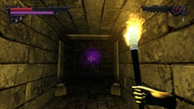 The player holds a torch aloft as they explore a stone tunnel in Lunacid
