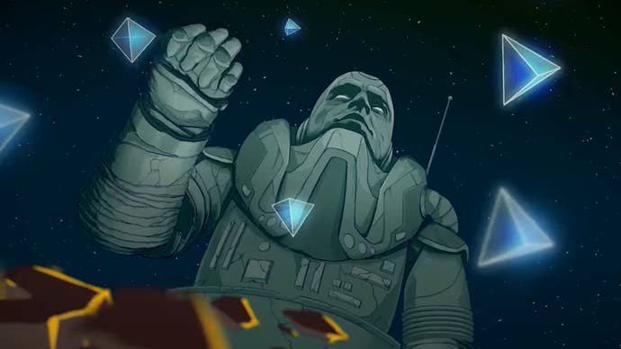 Glowing blue pyramids float in space in front of a statue like figure in Lunar Lander: Beyond