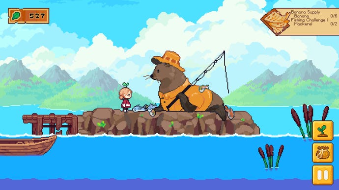 The main character in Luna’s Fishing Garden having a conversation with a seal (or possibly sealion) wearing a sou’wester and holding a fishing rod.