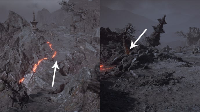 The path to the Fallen Furnace Crater’s Luojia Fragrant Vine in Black Myth Wukong.