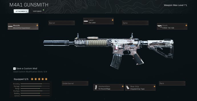 The M4A1 with a monolithic suppressor, tac laser, forge tac cqs, 50 round mags, and stippled grip tape attached.