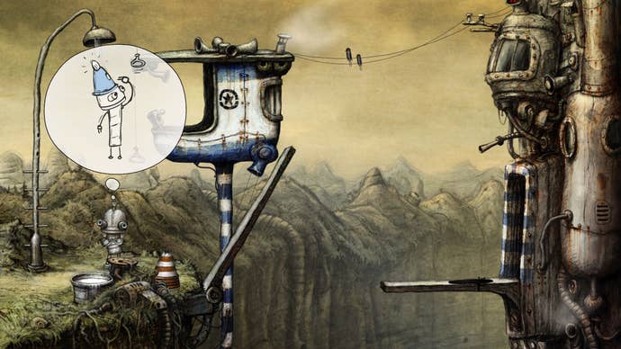 Pondering a puzzle with Machinarium’s hint system.