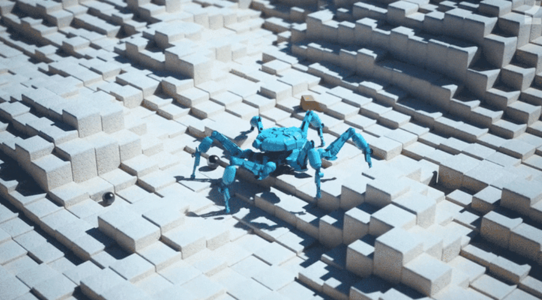 An image of a blue-toned spider bot moving over a landscape of white blocks, taken from footage of machine learning animation tools created by Arc Raider developers Embark Studios - 4