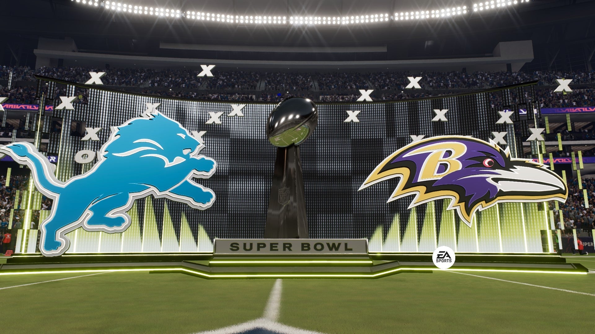 The Baltimore Ravens and Detroit Lions' logos in the Super Bowl. - 1