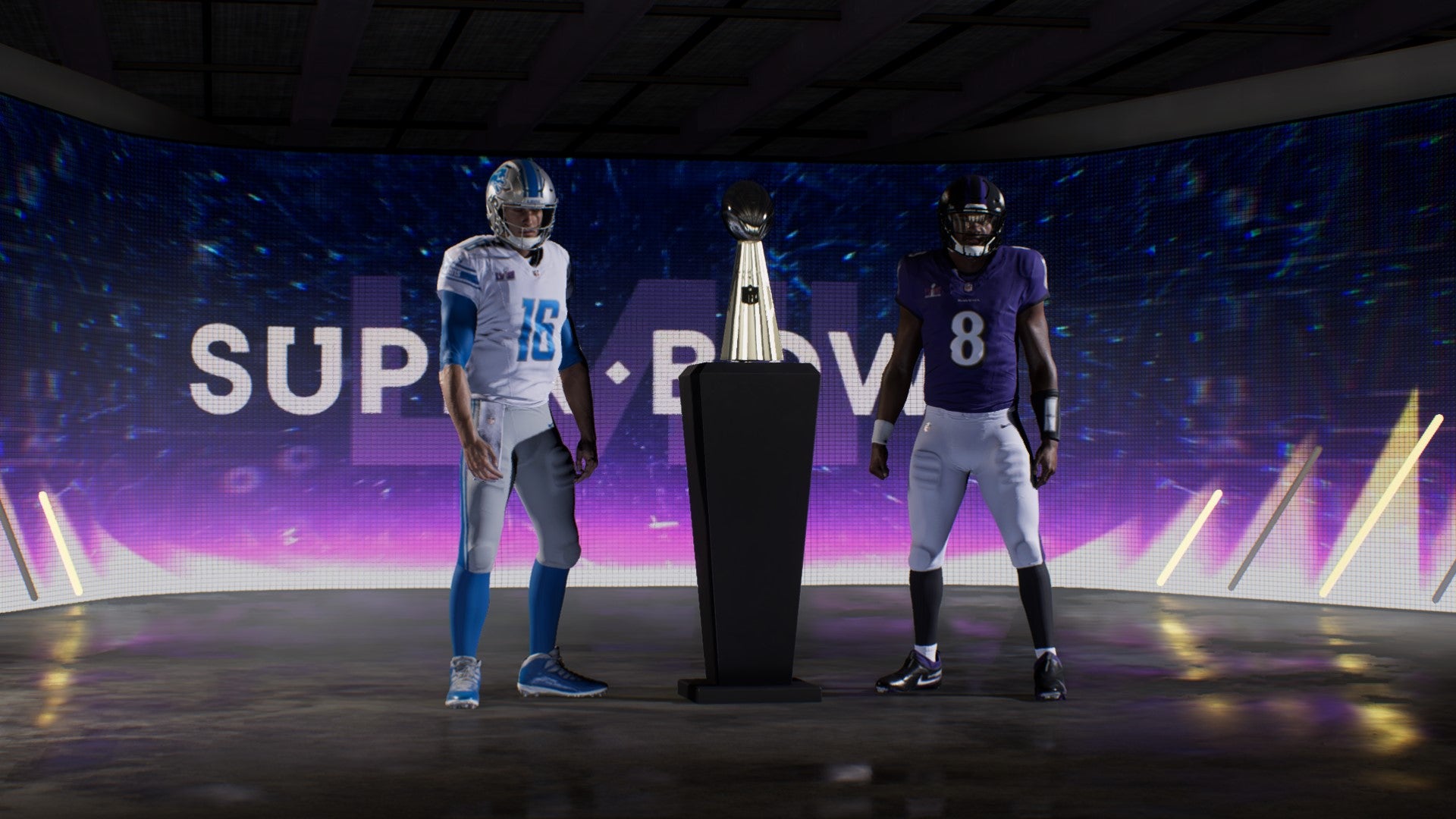 Lamar Jackson and Jared Goff standing by the Lombardi trophy in Madden 24. - 4