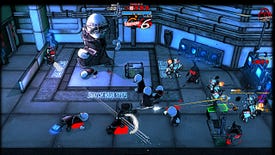 A screenshot of Madness: Project Nexus showing a view of a lab from above, in which player holding a machinegun is battling various goons.