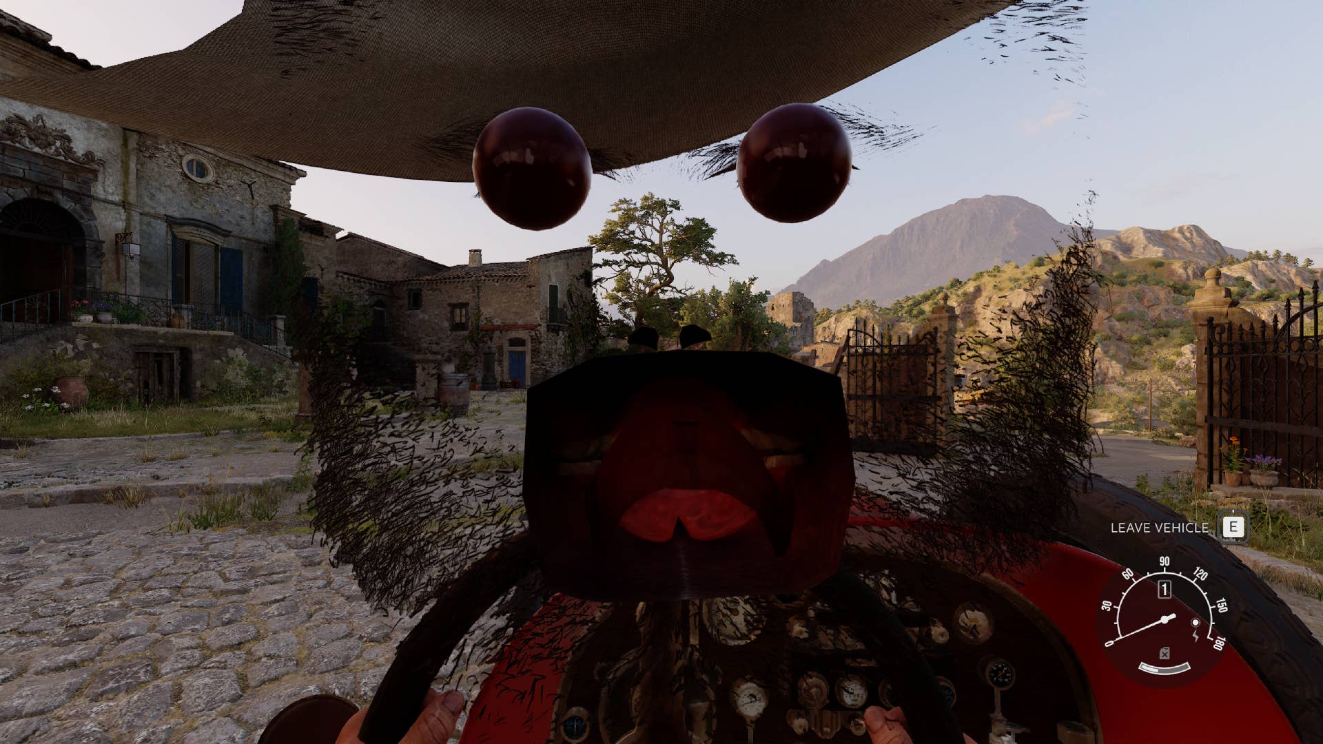 A glitch happening with Mafia: The Old Country's first person driving mod.