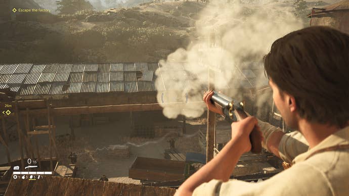 A Mafia: The Old Country Screenshot. Enzo fires a sawn-off shotgun from a rooftop.