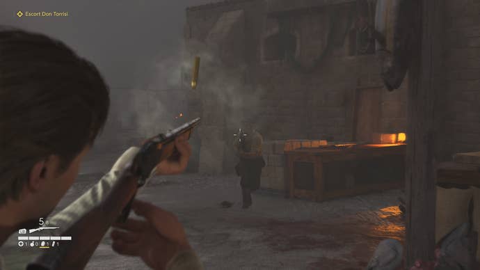 A Mafia: The Old Country Screenshot. Enzo fires a shotgun at an approaching enemy.
