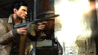 Mafia II screens show guns, blazing building