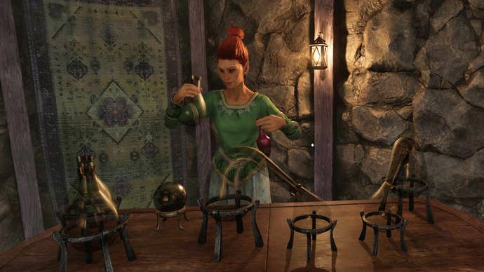 An alchemist in a Mages Guild hall in The Elder Scrolls IV: Oblivion Remastered mixes up some potions.