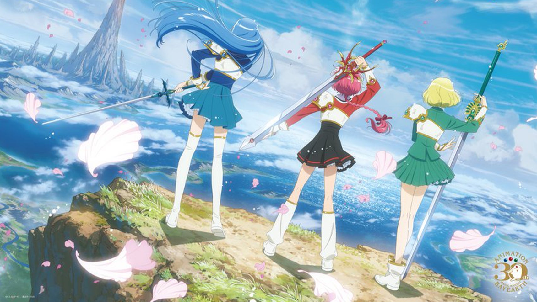 Three young women, one in blue, one in red, one in green, all holding swords, are stood on a cliff overlooking a fantasy world in key art for Magical Knight Rayearth. - 1