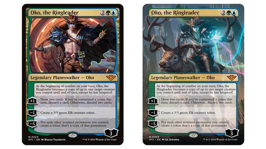 Magic: The Gathering cards - Oko, the Ringleader standard and Oko, the Ringleader - borderless.