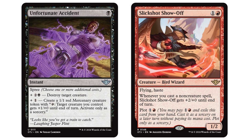 Image of Unfortunate Accident and Slickshot Show-Off Magic: The Gathering cards.
