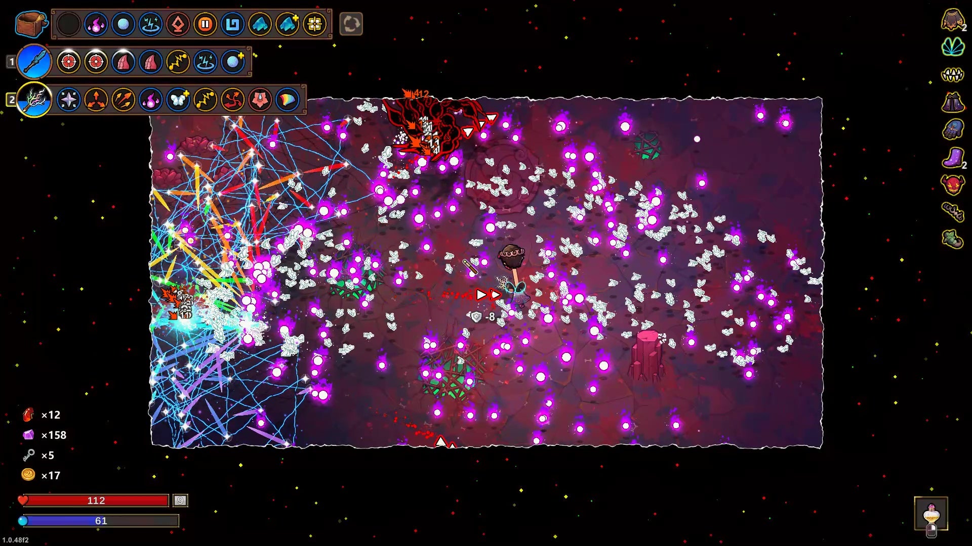 A mess of purple orbs, rainbows, butterflies, and electricity in Magicraft. - 5