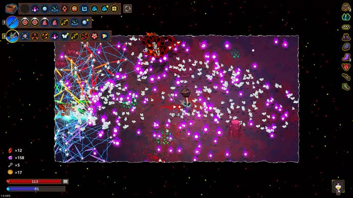 A mess of purple orbs, rainbows, butterflies, and electricity in Magicraft.