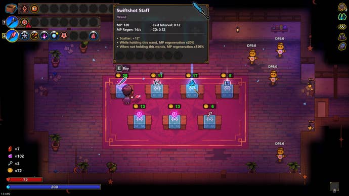 The player browses spells and relics, placed on pedestals in Magicraft’s shop stage.