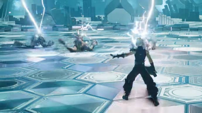 Cloud shoots multiple enemies with lightning bolts in Final Fantasy 7 Rebirth.