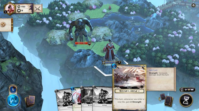 A warrior battles an oni monster on hexagonal tiles in Mahokenshi