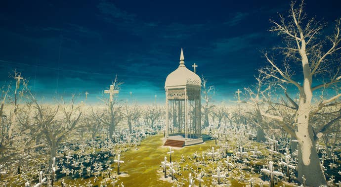 A field of crosses in a Mahou Arms screenshot.