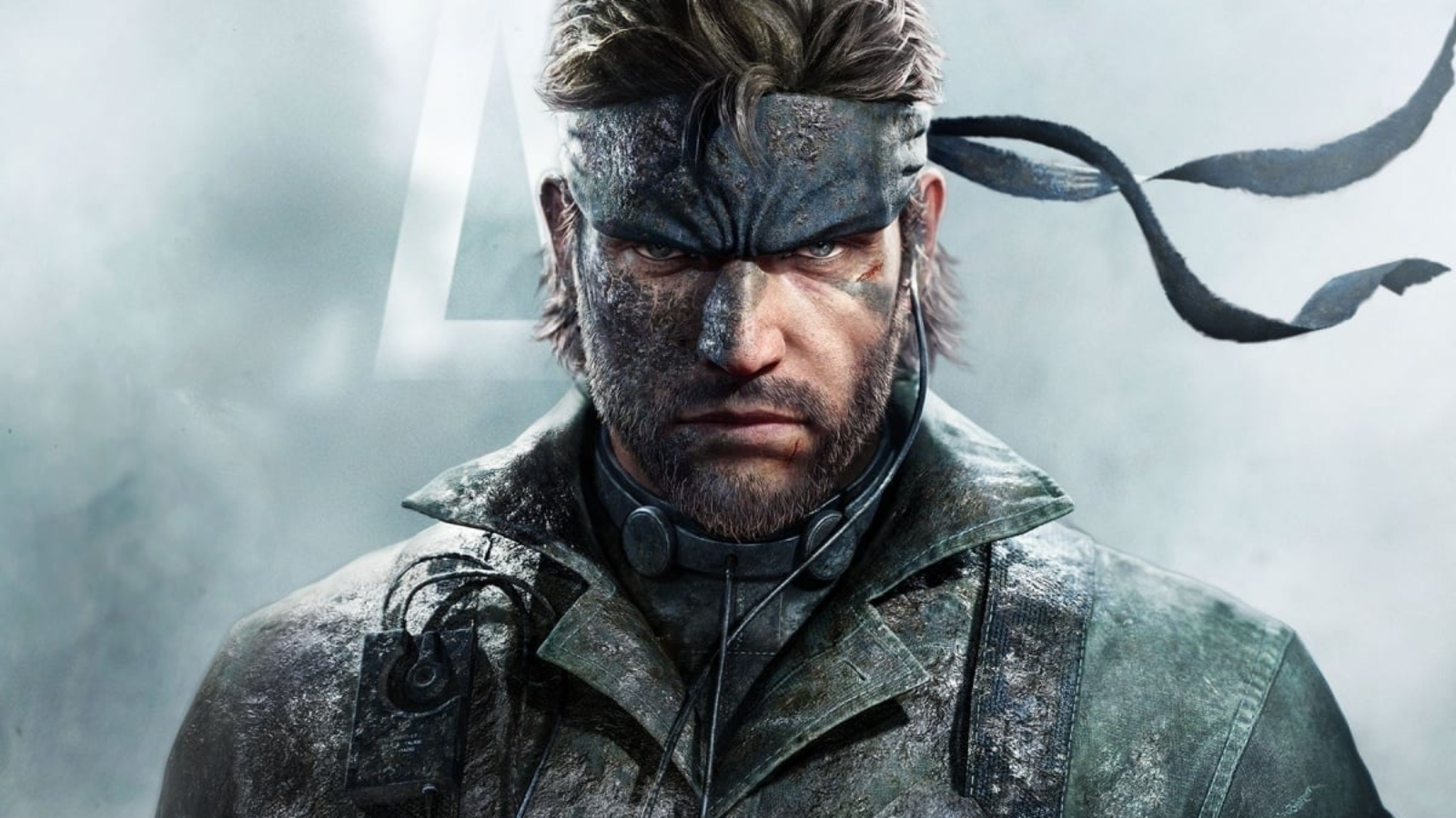 MGS Delta: Snake Eater promo image featuring Solid Snake on a smokey light blue background.