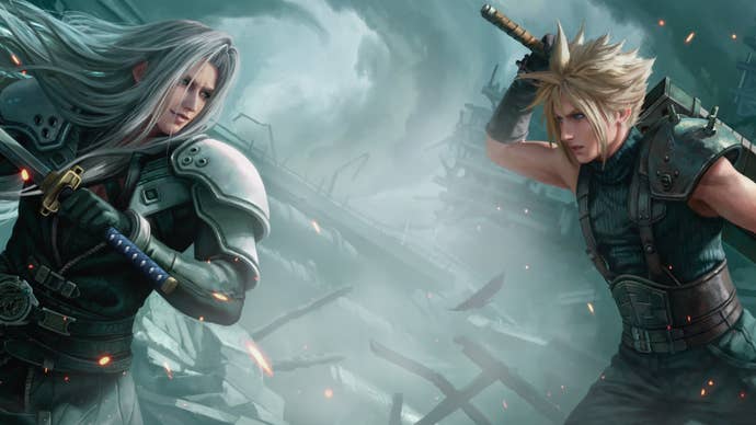 MTG Final Fantasy key art featuring Sephiroth and Cloud Charging at eachother.