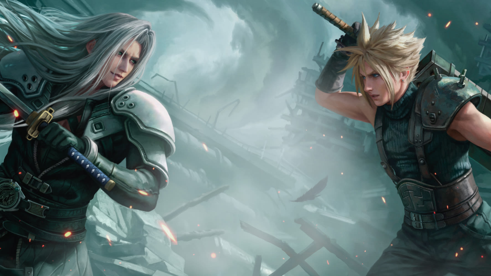 MTG Final Fantasy key art featuring Sephiroth and Cloud Charging at eachother.