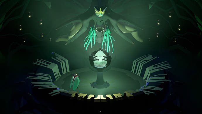 A story scene from Geometric Interactive's Cocoon, showing the player encountering an insect boss who is about to warp inside another world.