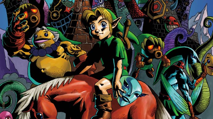 Link, a young boy with blonde hair wearing a green tunic is sat on a horse holding a mask, other creatures surrounding him in key art for The Legend of Zelda: Majora’s Mask.