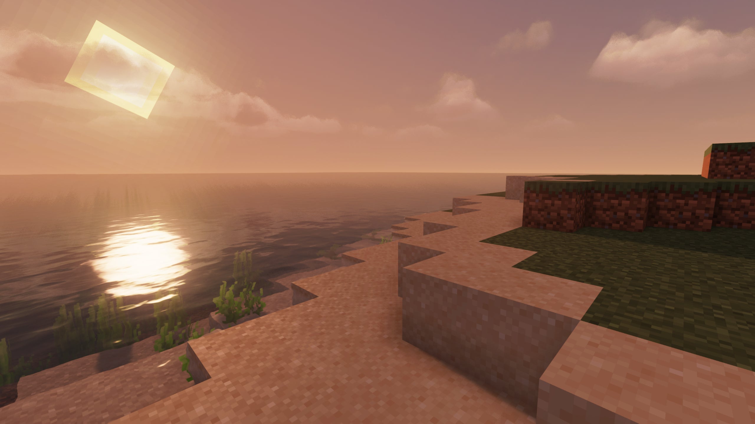 A Minecraft beach at sunset showcasing MakeUp Shaders.