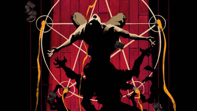 Artwork for demonic roguelite deckbuilder Malys, showing a hooded figure from above as they stand in a pentagram on a wooden floor with their arms outstretched.