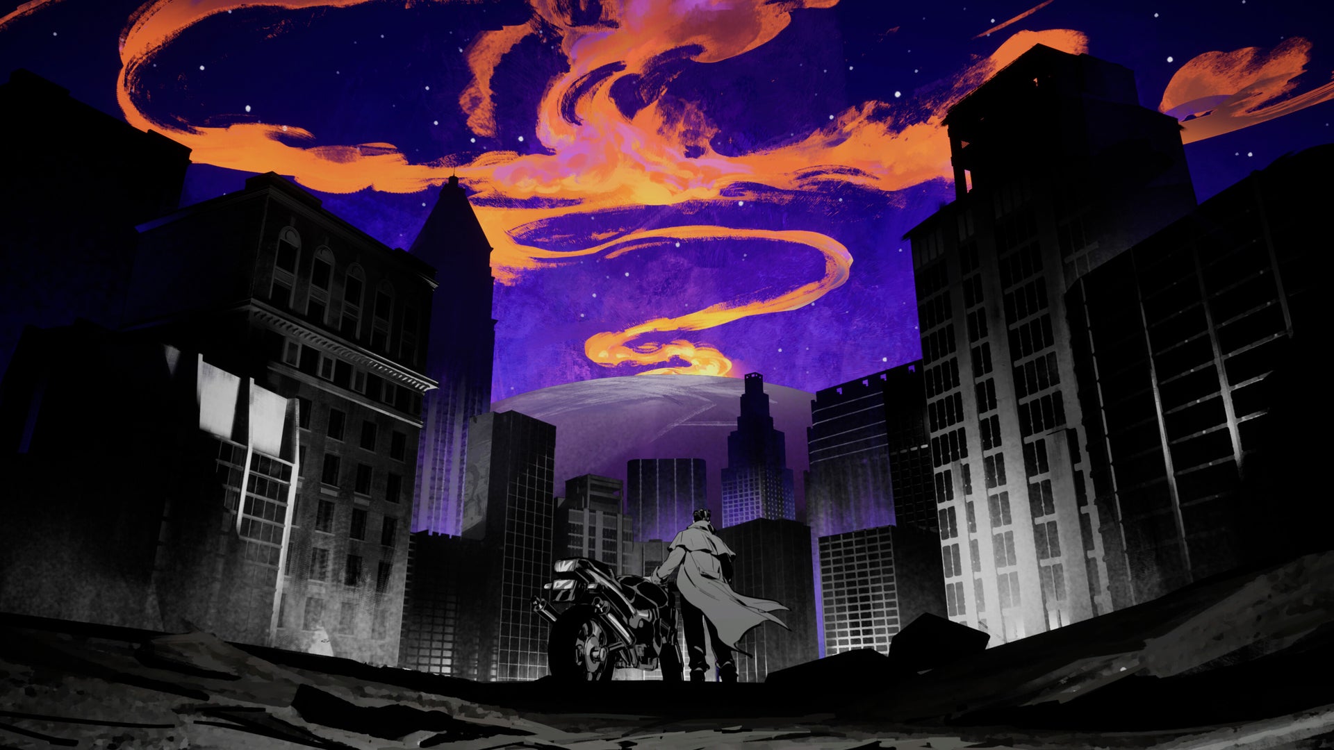 A person in a trenchcoat is stood next to his motorbike in a city, an ominous purple sky with wispy orange clouds looming above him in key art for Malys. - 1