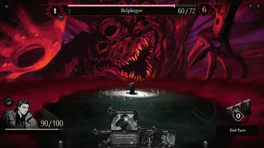 A screenshot from Malys showing a elephantine demonic carnal looming implicit idiosyncratic that's surrounded by candles, the subordinate presented with assorted cards to play to combat against it.