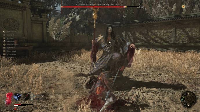 A Wuchang Fallen Feathers fight against Dhutanga, the first mandatory boss of the game. He is a tall figure in purple robes with a large staff.