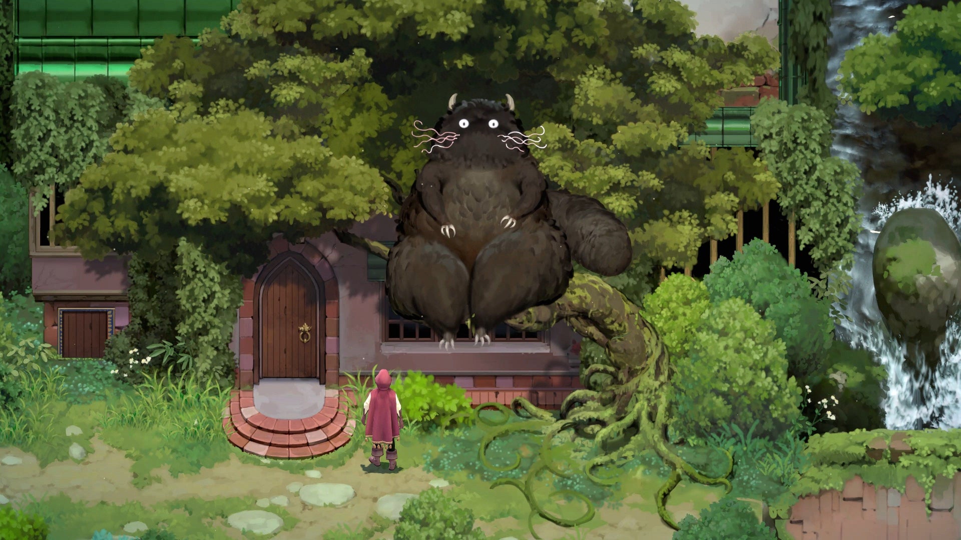 A big cat sits on a house in front of a hooded woman in Mandrake. - 1