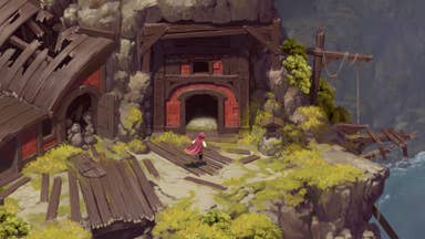 Mandrake screenshot showing its caped protagonist traversing a painterly landscape as they head toward the dark opening of an abandoned mine.
