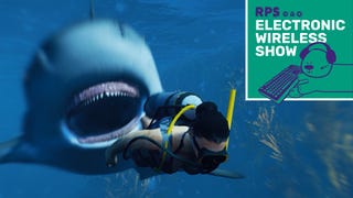 A screenshot of shark game Maneater, in which the shark is pursuing a scuba diver in the foreground. The top right of the image shows the Electronic Wireless Show logo, including Horace the bear.
