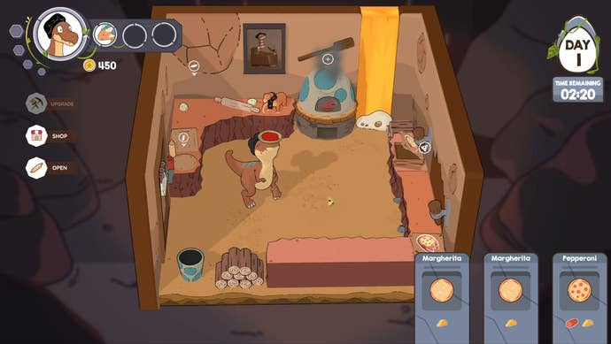 A dinosaur chef balances a pizza on their nose in a Manitas Kitchen screenshot.