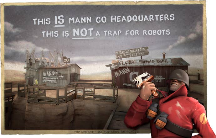 A spoof poster for a representation successful Team Fortress 2, promising that it perfectly isn't a trap for robots, with the Engineer lasting successful beforehand of it hefting a overgarment brush.