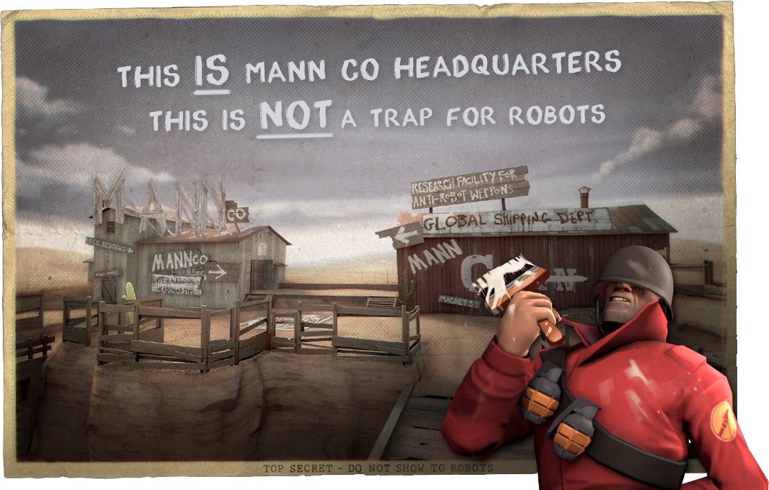 A spoof poster for a map in Team Fortress 2, promising that it absolutely isn't a trap for robots, with the Engineer standing in front of it hefting a paint brush. - 1